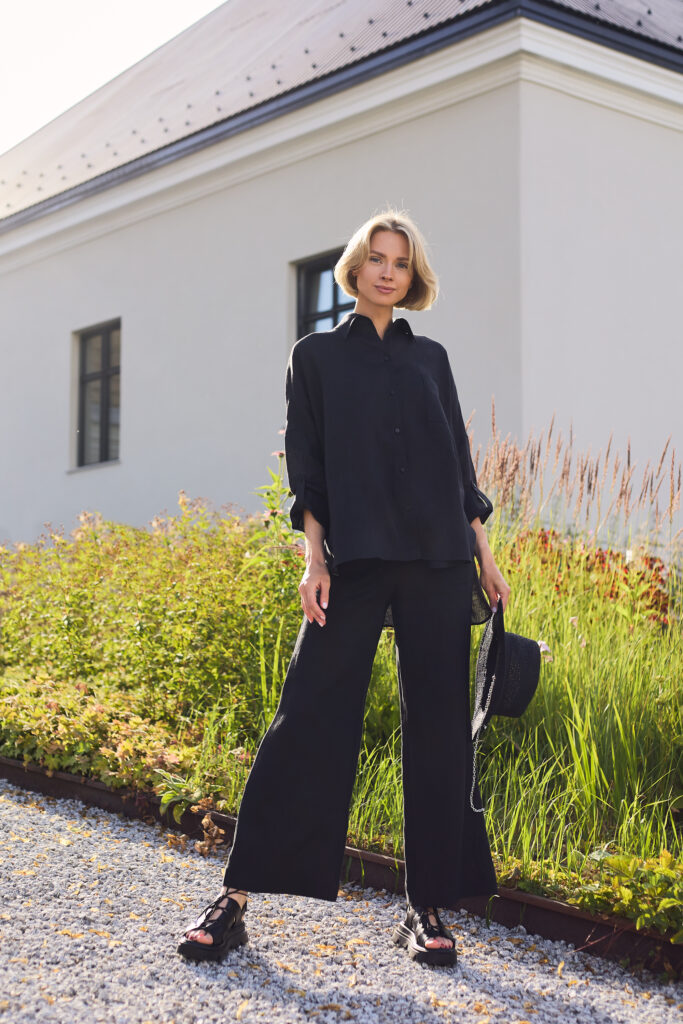 Lininiai marškiniai su apykakle Carito, juodos spalvos2