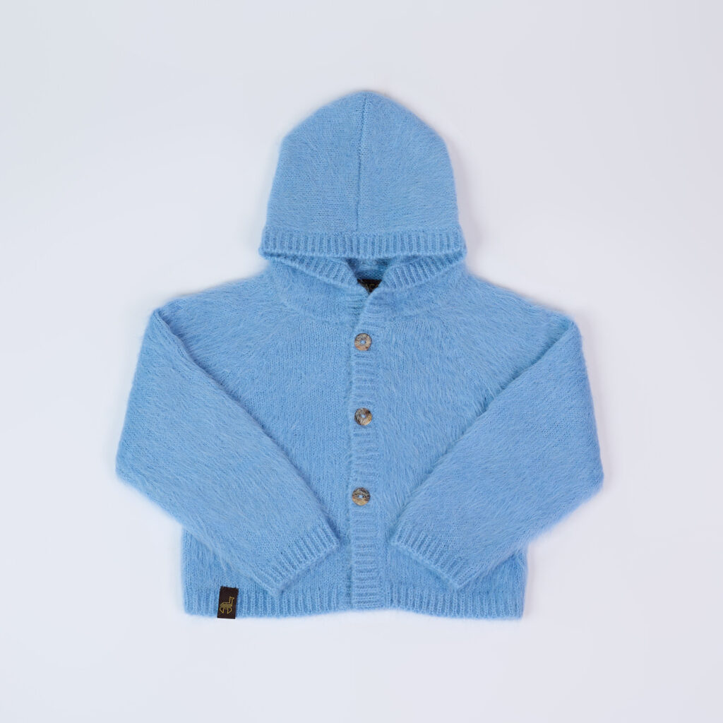 Ilgo plauko kardiganas su kapišonu, žydros spalvos (3)