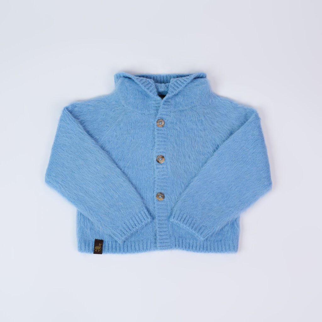 Ilgo plauko kardiganas su kapišonu, žydros spalvos (5)