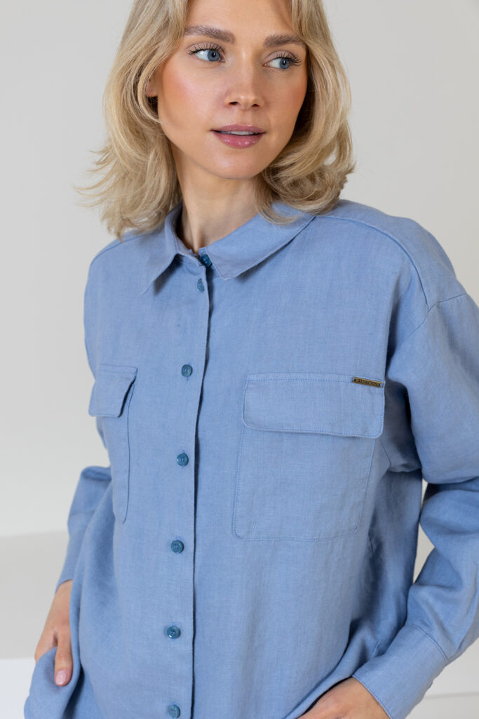 Lininiai marškiniai su pridėtinėmis kišenėmis Pari, melsvos spalvos (2)