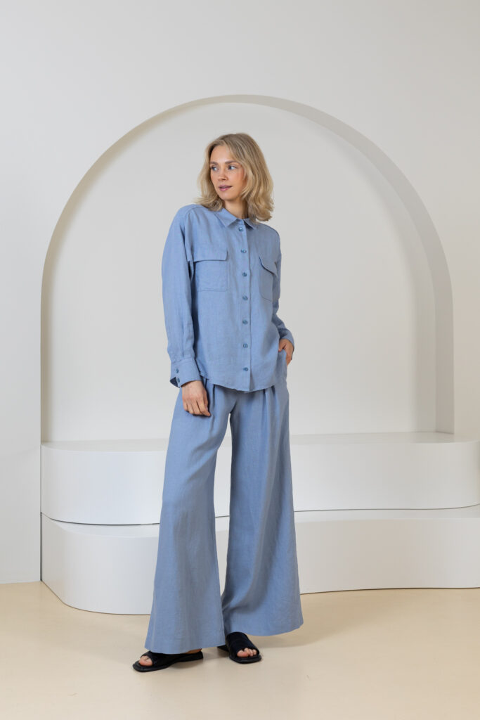 Lininiai marškiniai su pridėtinėmis kišenėmis Pari, melsvos spalvos (5)